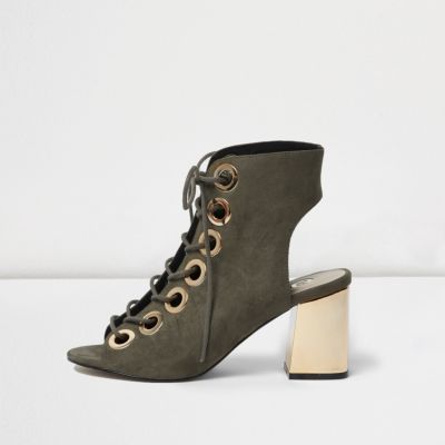 Khaki metallic heel lace up shoe boots